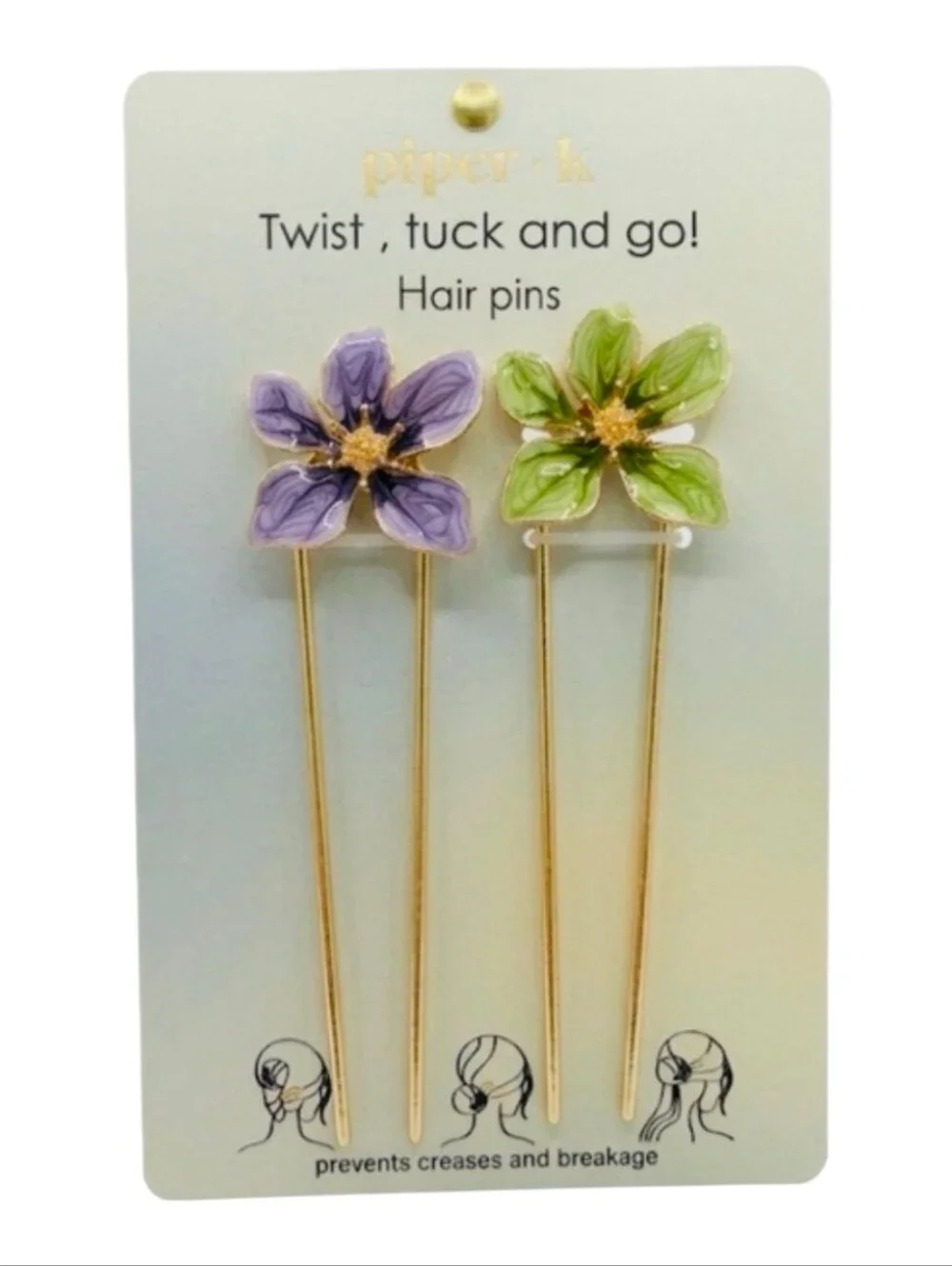 💚▪️Piper  K ▪️Floral Hair Pins Tuck Twist And Go - Purple & Green Set Of 2